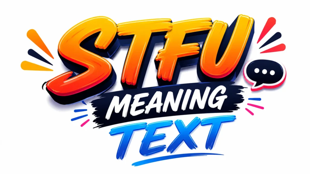 Bold typographic banner design featuring the phrase “STFU Meaning Text” in vibrant orange, yellow, blue, and white 3D lettering on a clean light background, with playful speech bubble icons and colorful accent graphics creating a modern social media slang theme.