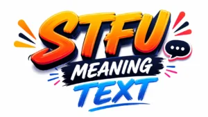 Bold typographic banner design featuring the phrase “STFU Meaning Text” in vibrant orange, yellow, blue, and white 3D lettering on a clean light background, with playful speech bubble icons and colorful accent graphics creating a modern social media slang theme.