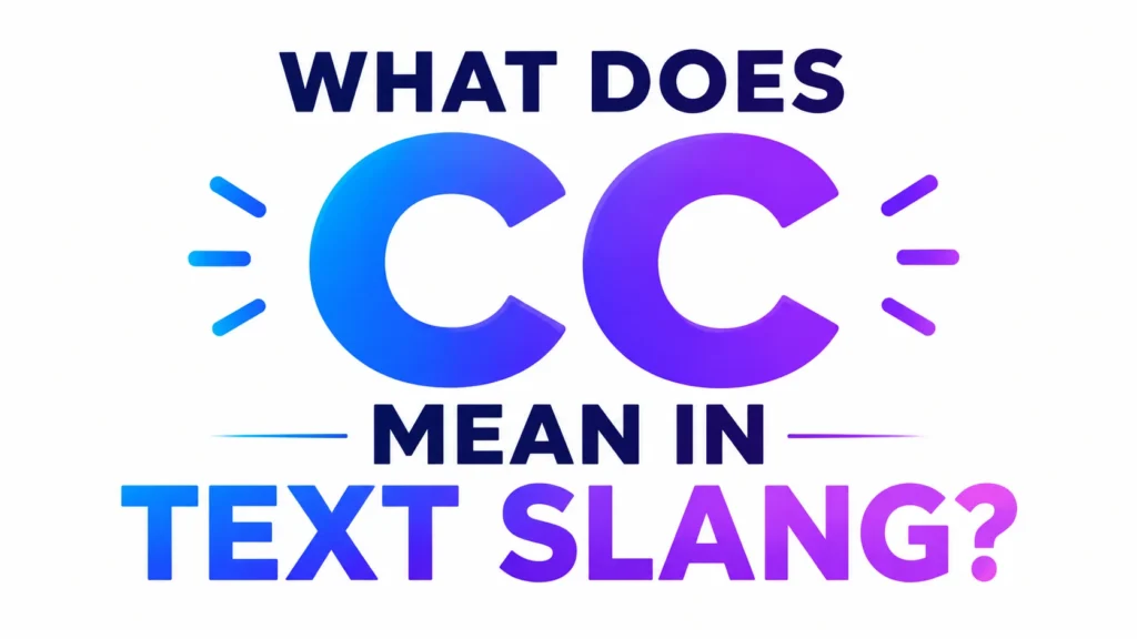 Modern digital banner featuring bold gradient typography with the centered text “WHAT DOES CC MEAN IN TEXT SLANG?” on a clean white background. The design uses vibrant blue and purple tones with a sleek, professional layout ideal for a website header or educational blog post about text slang.