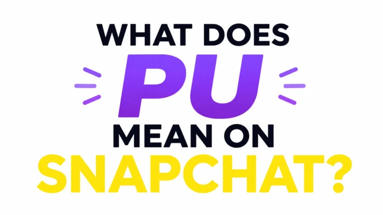 Bold, modern typography graphic asking “What Does PU Mean on Snapchat?” with large purple “PU” text in the center, black headline text above and below, yellow “SNAPCHAT?” text at the bottom, and decorative purple accent lines on a light gray background.