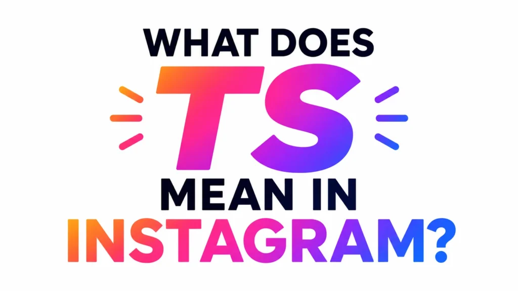 Modern 16:9 digital banner with bold centered typography reading “WHAT DOES TS MEAN IN INSTAGRAM?” in vibrant pink, purple, orange, and blue gradient text on a clean white background. The design is minimal, professional, and visually striking, styled for a modern social media slang or educational blog header.