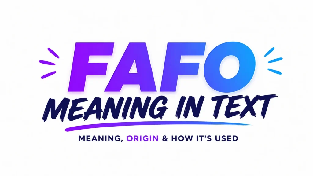 A clean, modern 16:9 digital banner on a white background featuring the bold text “FAFO” in a vibrant purple-to-blue gradient at the center. Below it, “MEANING IN TEXT” appears in large dark-blue brush-style lettering, accented by a sleek gradient underline. Small decorative burst marks on both sides add visual energy, creating a professional and engaging header design for an educational article about the meaning of FAFO in text slang.