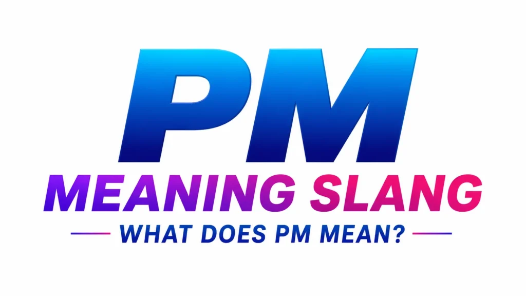 A clean, modern 16:9 banner with a white background featuring the bold blue text "PM" centered above a vibrant purple and pink gradient title reading "MEANING SLANG." Below, smaller blue text reads "What Does PM Mean?" with minimalist accent lines on either side. The design is simple, professional, and focused entirely on the centered typography with no additional graphics or distractions.