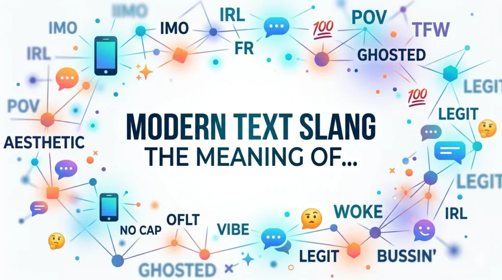 A clean, modern digital graphic about text messaging slang featuring the large central title, "MODERN TEXT SLANG: THE MEANING OF...". Surrounding the text are colorful network-style lines, dots, smartphone icons, and chat bubbles connecting popular slang terms such as IMO, IRL, POV, FR, TFW, GHOSTED, LEGIT, AESTHETIC, NO CAP, OFLT, VIBE, WOKE, and BUSSIN'. The design uses shades of blue, teal, purple, and orange on a white background, creating an informative and contemporary visual that represents online communication culture.
