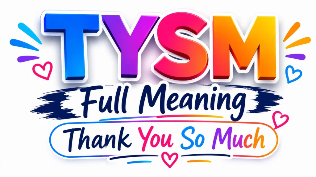 "Modern 16:9 digital banner featuring the text ‘TYSM’ in large colorful gradient letters centered on a clean white background. Below, the phrase ‘FULL MEANING: Thank You So Much’ appears in elegant typography with vibrant pink, purple, and orange accents. The design is minimal, professional, and visually appealing, ideal for an educational blog post about text slang and online messaging abbreviations."