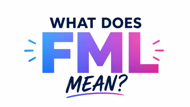 Minimalist 16:9 banner with a clean white background featuring bold centered text reading “WHAT DOES FML MEAN?” The letters “FML” appear in a vibrant blue-to-pink gradient, while the surrounding text is in dark navy typography, creating a modern, professional, and informative design focused on text slang terminology.
