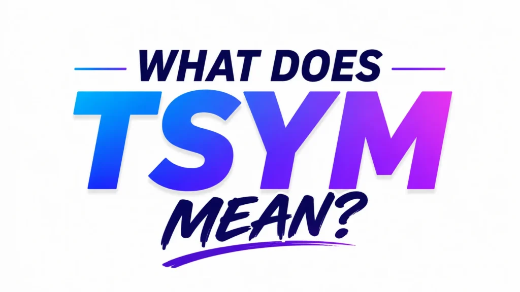 Minimalist 16:9 digital banner with a clean white background and centered typography. The text reads “WHAT DOES TSYM MEAN?” with “WHAT DOES” in bold dark navy letters, “TSYM” in large gradient blue-to-purple 3D-style lettering, and “MEAN?” in a dynamic handwritten script with a purple underline. The design is modern, vibrant, and professional, making it suitable for a website header or educational blog post about text slang.