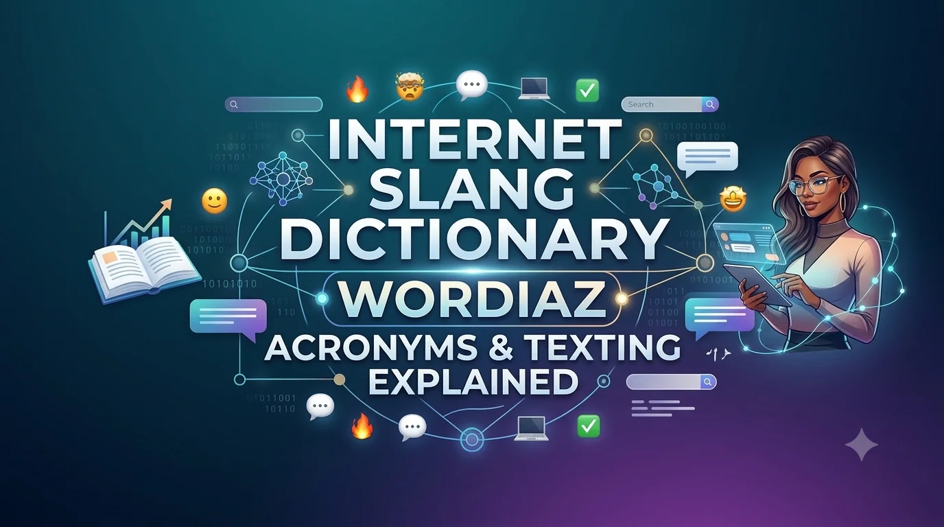 The main text is framed by interconnected blue light lines. Various floating digital icons surround the title, connected to it by delicate lines and subtle binary code patterns. These include a yellow smiling face emoji, a neutral face emoji, computer icons, search magnifying glasses, checkmarks, fire icons, various chat bubbles, and an orange laughing-with-tears emoji. In the bottom left, a stylized open book with an upward-pointing graph symbolizes learning and growth. On the right, a confident diverse woman with dark hair and glasses holds a tablet, interacting with floating holographic user interface elements and data, connected to the wider network by flowing light trails. The overall composition is professional, informative, and vibrant.