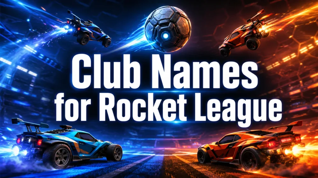 Club Names for Rocket League featured image showing futuristic rocket-powered cars boosting toward a glowing soccer ball inside a neon-lit arena, with bold centered title text and a modern gaming-themed editorial design.