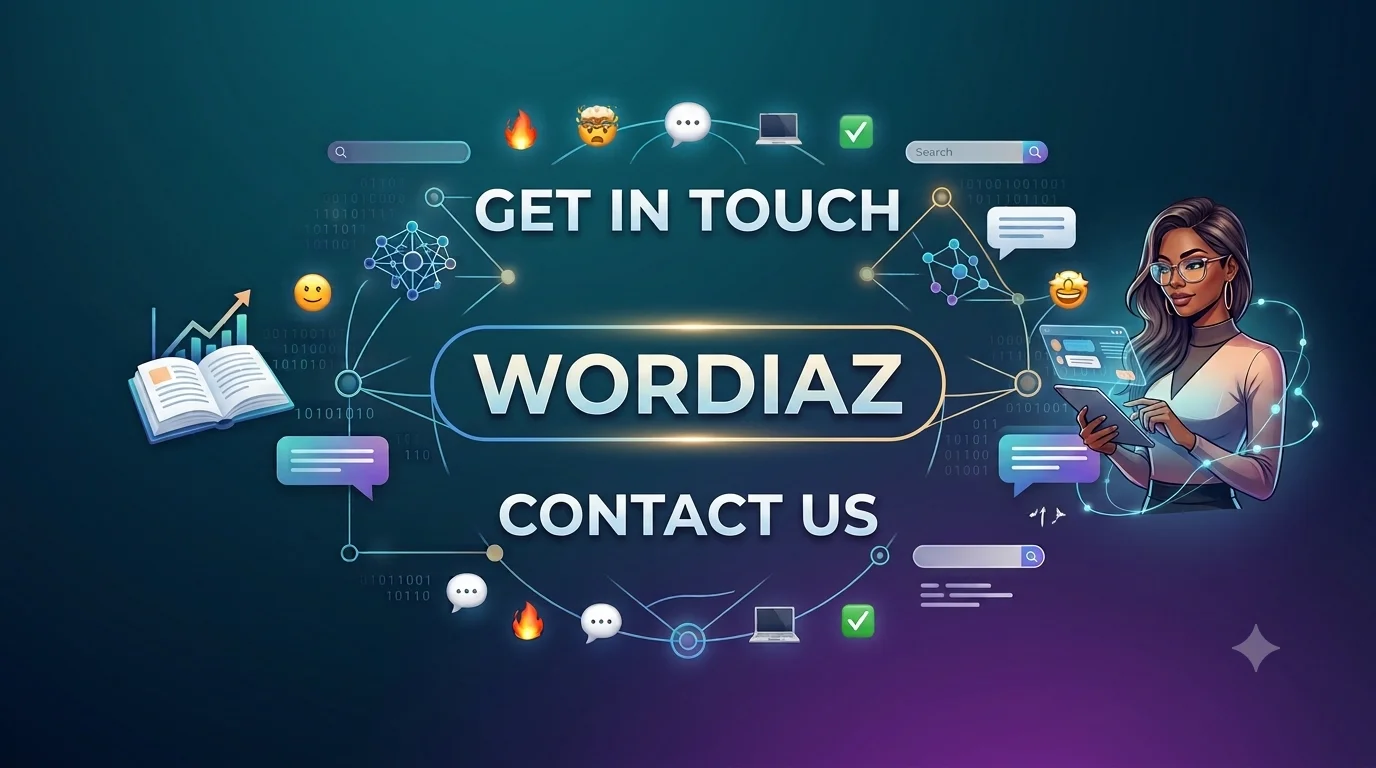 Contact Us banner for Wordiaz featuring centered text reading Get In Touch Wordiaz Contact Us surrounded by digital icons and an illustration of a woman with a tablet.