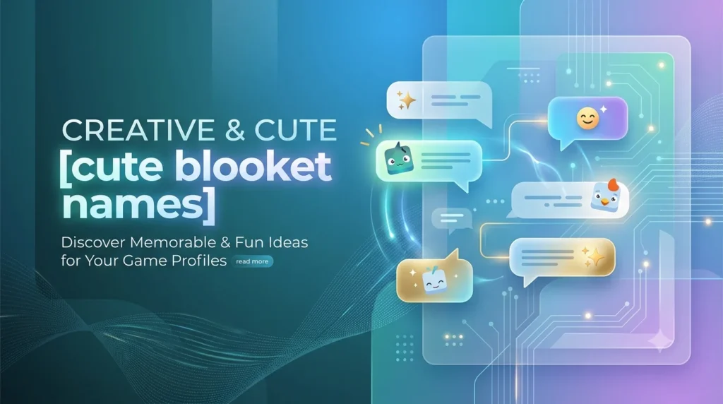 An ultra-modern digital blog header banner with a 16:9 aspect ratio. The left side features prominent, stylish text reading "CREATIVE & CUTE [cute blooket names]" layered above a smaller description that reads "Discover Memorable & Fun Ideas for Your Game Profiles." The right side showcases an elegant, semi-transparent user interface panel lit with soft, glowing accents and integrated circuit lines. This panel holds playful chat-inspired graphics containing minimalist game avatars, a smiling emoji, and gold star sparkles. The entire scene is set against a premium, dark teal and vibrant cyan gradient background accented by fluid wavy lines and glowing digital particles.