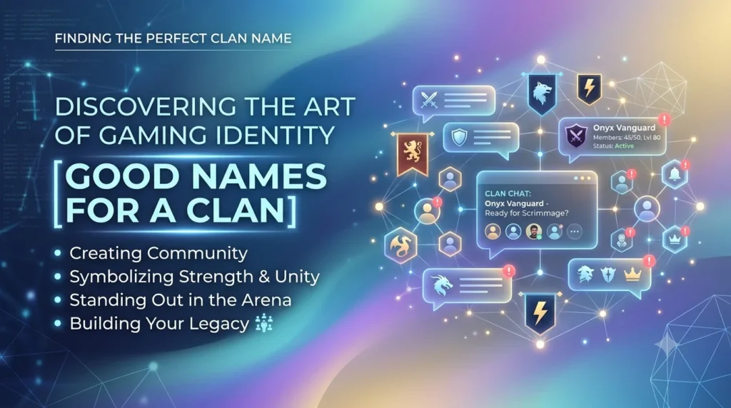 A digital banner titled "FINDING THE PERFECT CLAN NAME" features an elegant and visually striking design tailored for an educational or informational blog header. The header's background displays a sophisticated interplay of soft gradients in deep blue, aqua, violet, and gold, enhanced by subtle, glowing digital communication elements like abstract data streams and interconnected nodes that symbolize a modern community. On the left side, the main typography in glowing white and blue reads: "DISCOVERING THE ART OF GAMING IDENTITY," followed by a prominent subheading "[GOOD NAMES FOR A CLAN]." Beneath this are several key bullet points, "Creating Community," "Symbolizing Strength & Unity," "Standing Out in the Arena," and "Building Your Legacy," each marked with small, illustrative glowing icons. The right side of the banner is dedicated to a vibrant, interconnected collage of abstract UI elements and minimal chat-inspired graphics. This features glowing chat bubbles that contain various stylized clan emblems, such as a lion rampant, a wolf, a lightning bolt, and a shield, along with user profile icons and connection lines that represent member profiles and their active status. Central to this section is a detailed chat box labeled "CLAN CHAT: Onyx Vanguard - Ready for Scrimmage?" surrounded by icons that reflect clan management. The entire composition is clean and clutter-free, defined by its luminous glow, light trails, and geometric forms.