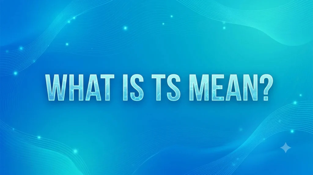 A high-quality 16:9 digital header featuring a vibrant teal and blue gradient background with elegant, flowing wave lines and faint digital sparkles. Centered prominently in clean, bold typography is the educational text phrase "WHAT IS TS MEAN?".