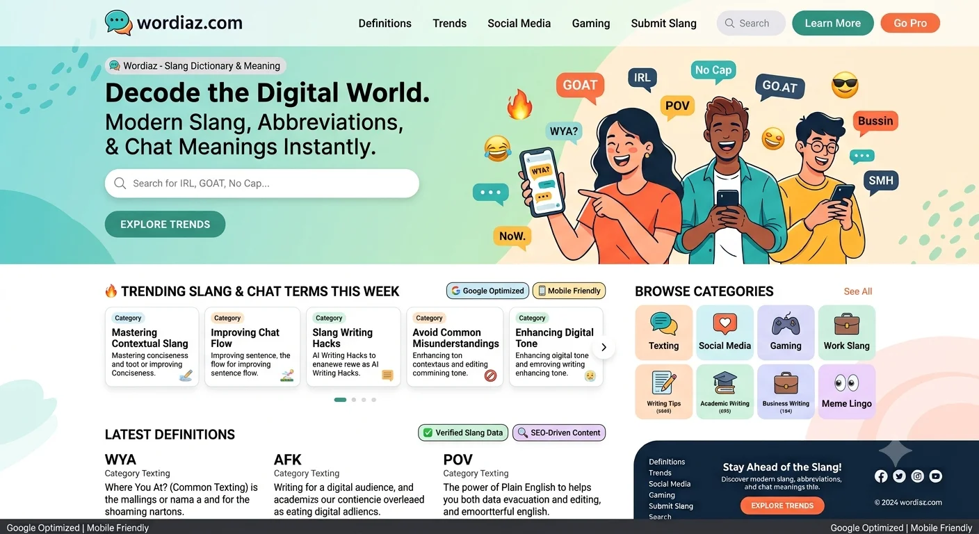 Trendy homepage layout for Wordiaz.com featuring a vibrant green and yellow banner with young people holding smartphones. Floating chat bubbles display internet acronyms like GOAT, IRL, No Cap, and POV above a search bar and sections titled "Trending Slang & Chat Terms This Week" and "Browse Categories".