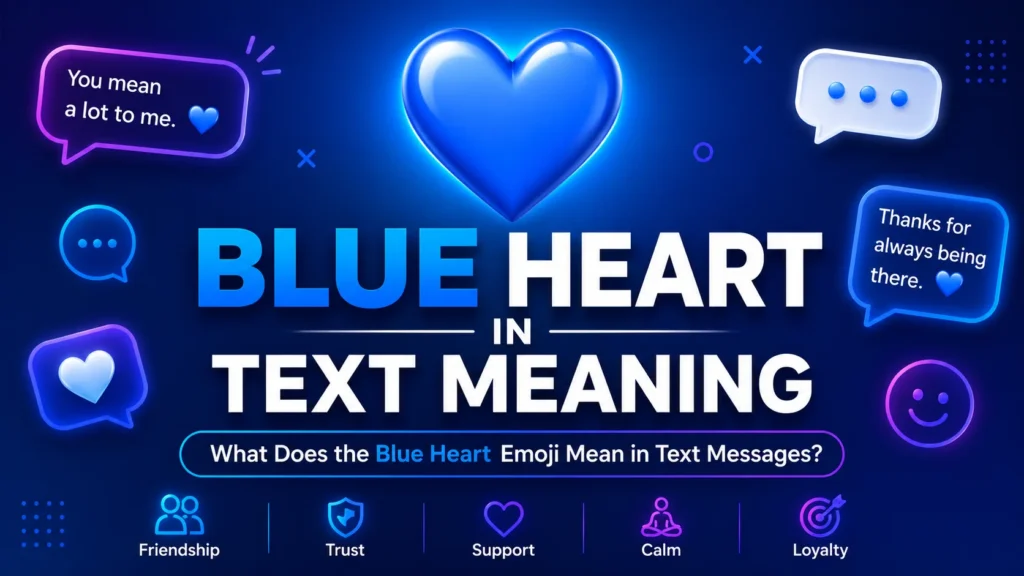 Featured image for "Blue Heart in Text Meaning" featuring a large blue heart emoji, bold title text, glowing chat bubbles, and messaging icons on a blue gradient background, symbolizing friendship, trust, loyalty, support, and calm.