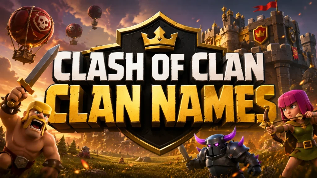 Clash of Clan Clan Names featured image showing a fantasy battle scene with heroic warriors, a medieval fortress, and bold centered title text, representing creative clan name ideas for Clash of Clans players.