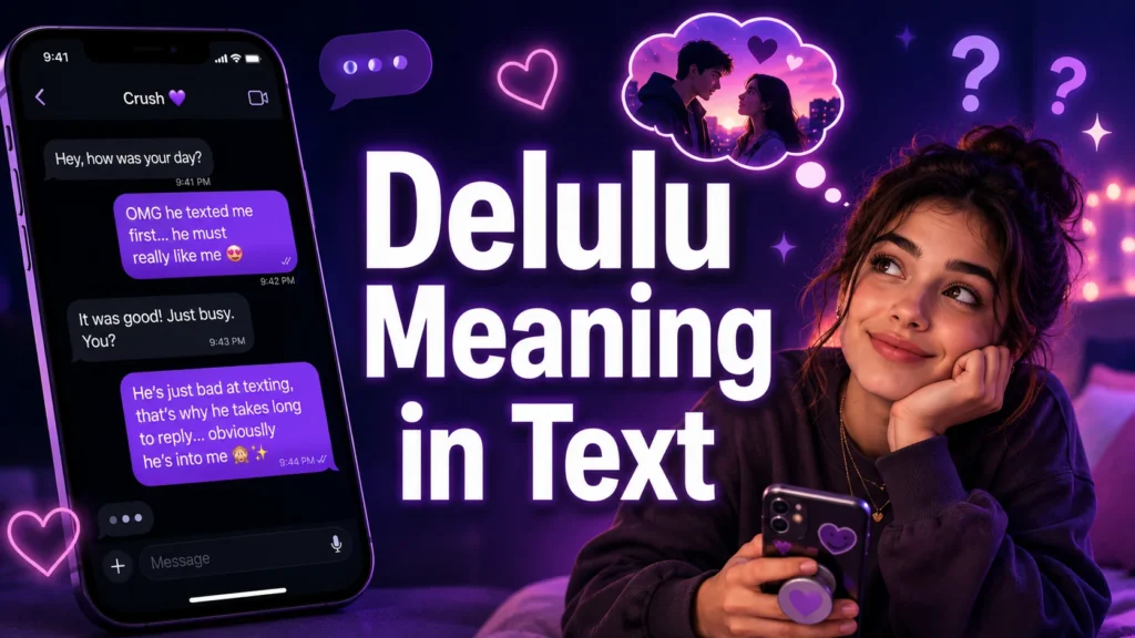 Delulu meaning in text illustrated with a dreamy girl, smartphone conversation, hearts, and romantic thoughts showing playful delusion in texting.