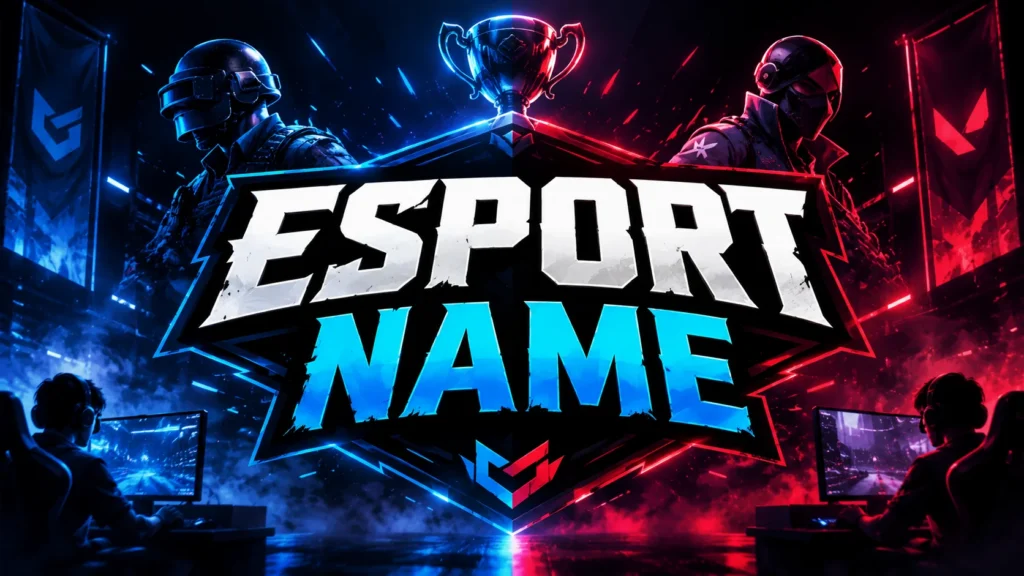 Esport Name featured image showing a futuristic esports arena with competitive gamers, a championship trophy, and bold centered title text, representing creative esports team and gaming name ideas.