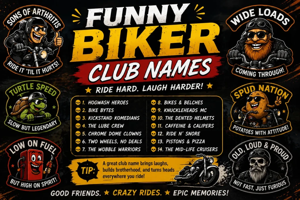 Funny biker club names featured image with humorous motorcycle club logos and vintage biker theme.