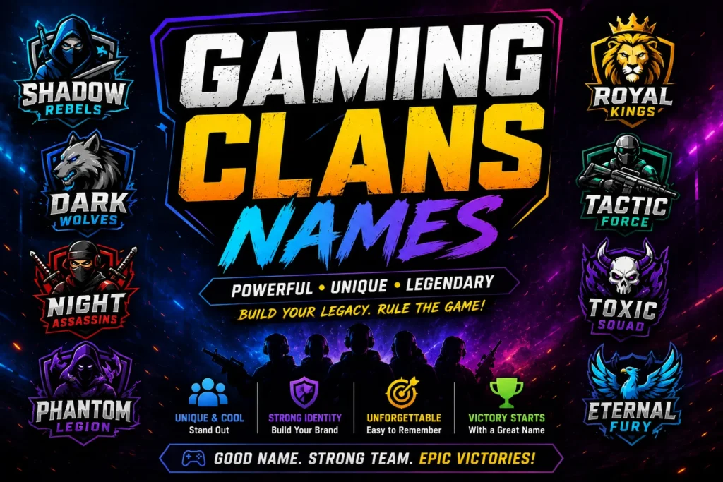 Dynamic featured image displaying gaming clans names with futuristic shields, mascots, and gaming aesthetics.