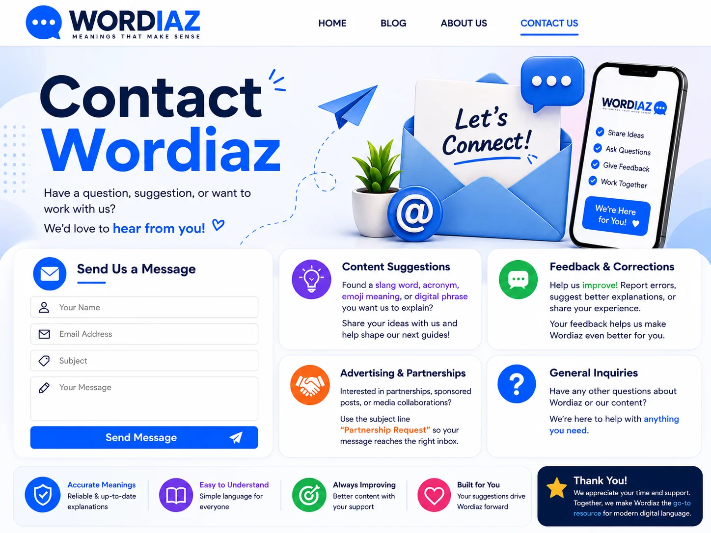 Wordiaz contact page graphic featuring a contact form for content suggestions, feedback and corrections, advertising partnerships, and general inquiries.