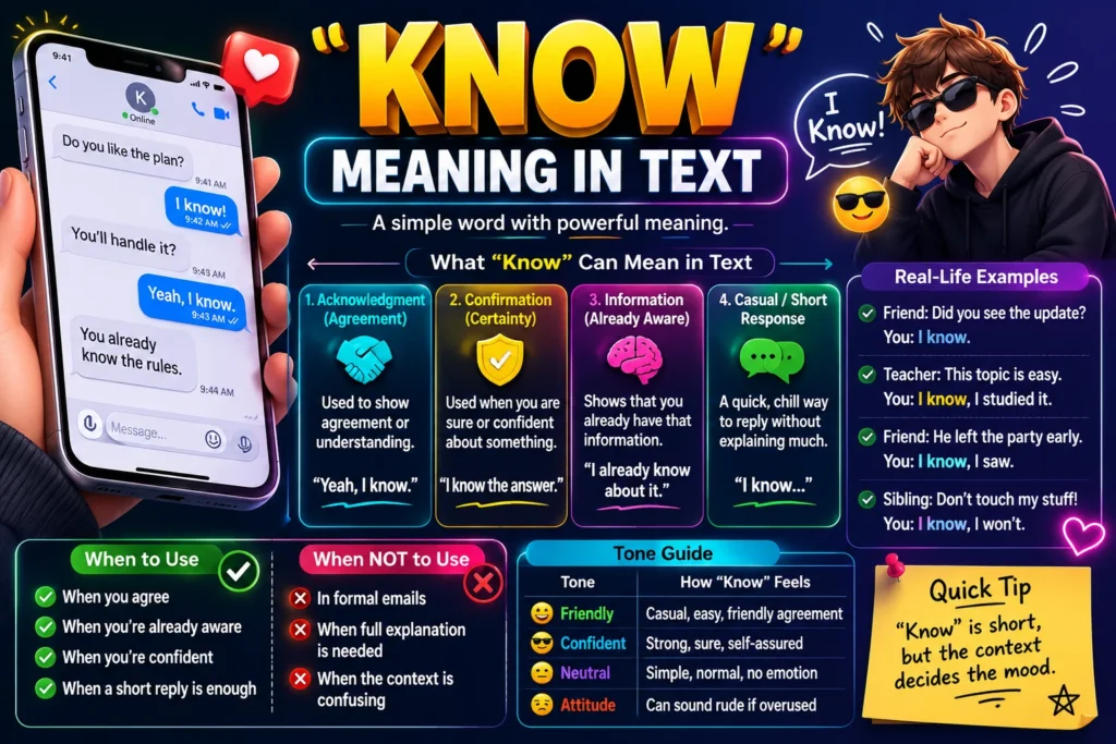 “Know” meaning in text explained with examples showing agreement, confirmation, awareness, casual replies, and how tone changes its meaning.