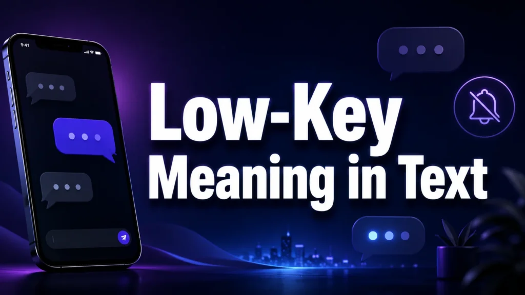 Low-Key Meaning in Text – modern smartphone messaging graphic explaining the slang term “low-key” in texting.