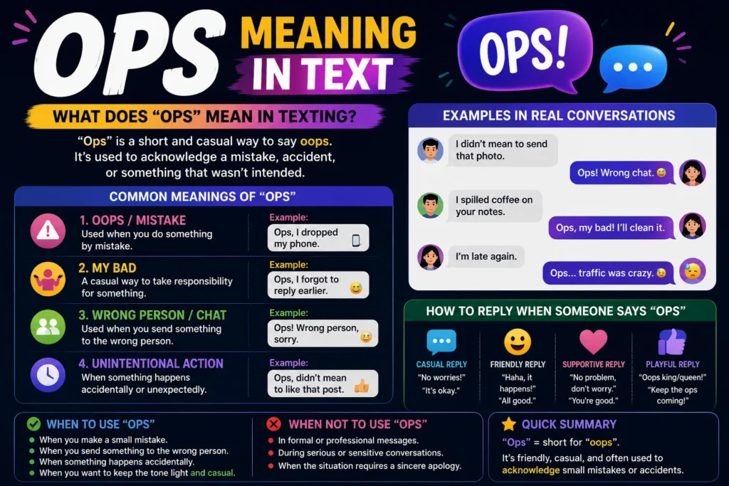 “Ops” meaning in text explained as a casual form of “oops,” with examples for mistakes, accidental messages, wrong chats, and unintentional actions.
