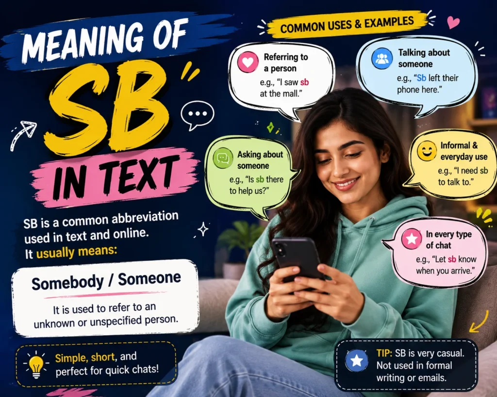 SB meaning in text featured graphic showing a woman texting on her phone with colorful speech bubbles explaining common meanings of SB.