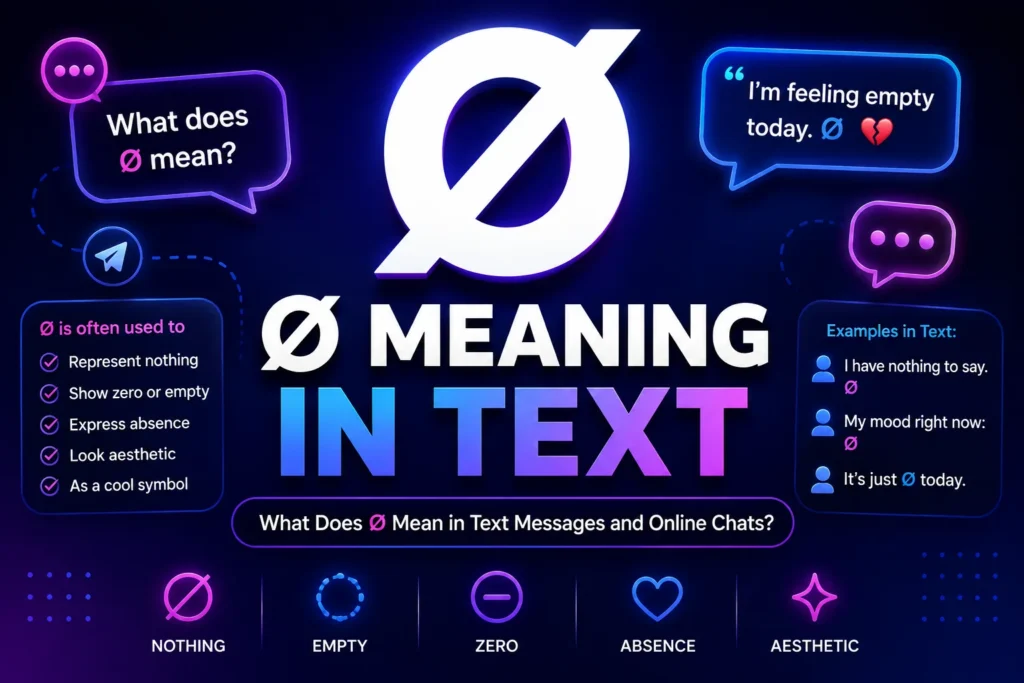 Featured image for "Ø Meaning in Text" showing a large Ø symbol, bold text, glowing chat bubbles, and examples explaining its possible meanings such as nothing, zero, empty, absence, and aesthetic use.