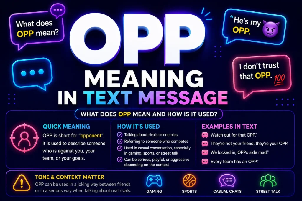 Featured image for "OPP Meaning in Text Message" showing bold OPP lettering, glowing chat bubbles, and an infographic explaining OPP as “opponent” in gaming, sports, casual conversations, and online slang.