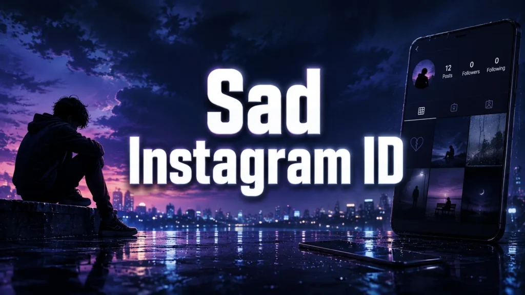 Moody editorial-style featured image showing a lone person sitting in the rain at night beside a smartphone with a social media profile interface, with bold white text reading “Sad Instagram ID” against a blue and purple city skyline background.