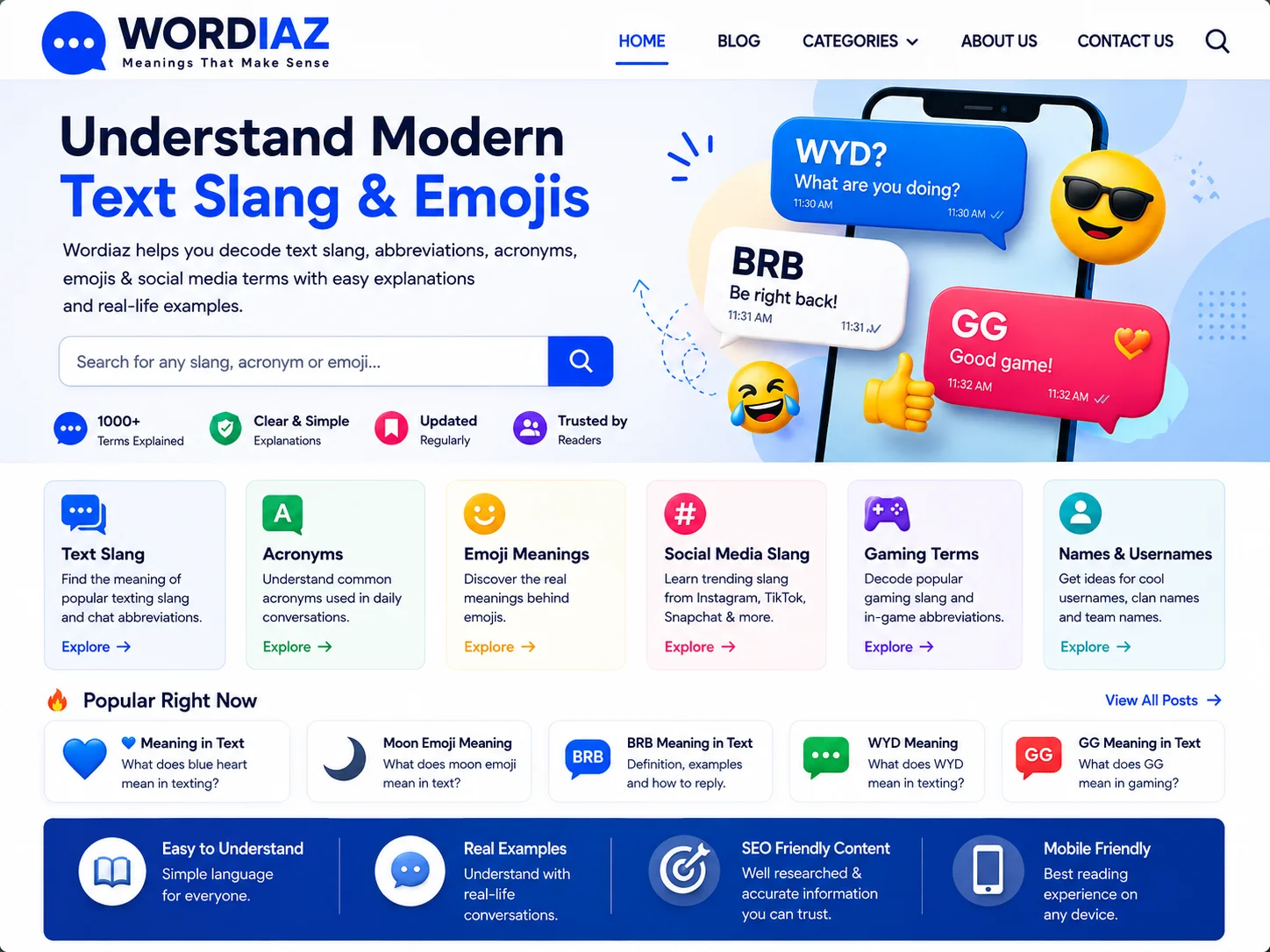 Wordiaz homepage featuring text slang meanings, acronyms, emoji meanings, social media slang, gaming terms, and username guides with easy-to-understand examples.