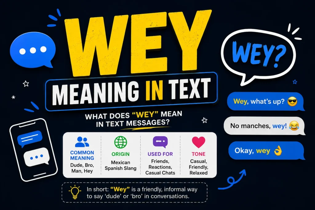 Wey meaning in text explained with a bold “WEY” headline, chat bubbles, and examples showing its casual meaning as “dude,” “bro,” or “man.”