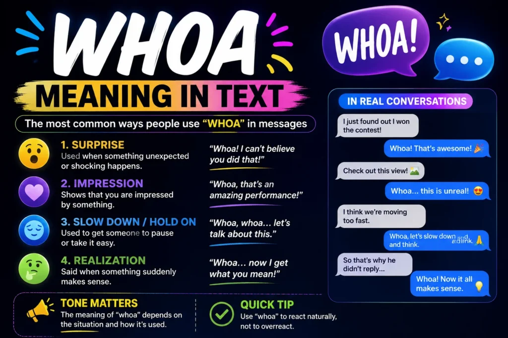 Whoa meaning in text explained through a colorful infographic showing surprise, impression, realization, and the need to slow down in conversations.