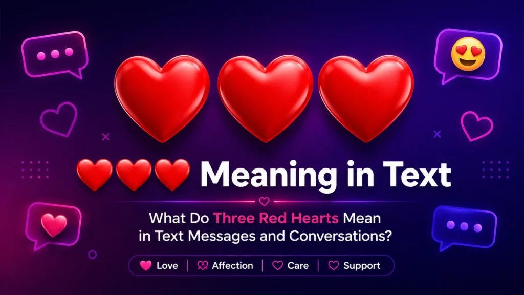 Featured image for "❤️❤️❤️ Meaning in Text" featuring three large red heart emojis, bold white title text, glowing chat bubbles, and a purple gradient background representing love, affection, and online messaging.