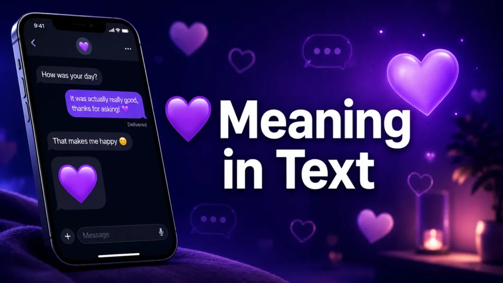 💜 meaning in text illustrated with a smartphone conversation, purple heart emojis, and messaging symbols on a purple background.