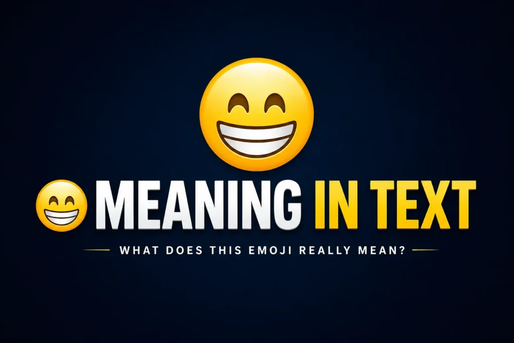 😁 Meaning in text explained with a bright grinning face emoji and bold “Meaning in Text” typography.