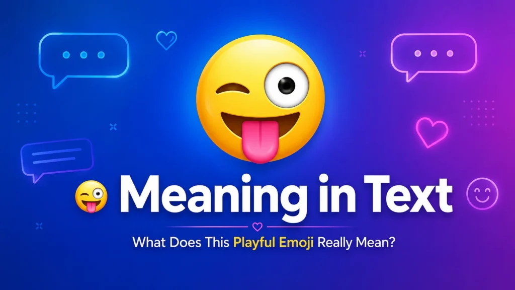Colorful featured image with a large 😜 emoji and the title "😜 Meaning in Text – What Does This Playful Emoji Really Mean?" on a blue and purple gradient background with chat bubbles and messaging icons.