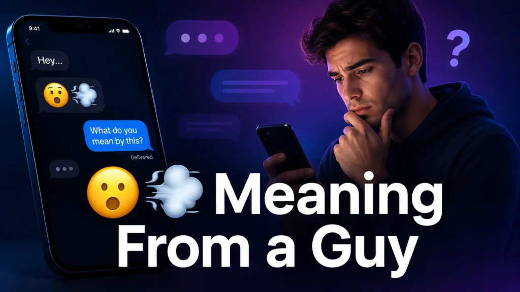 😮💨 meaning from a guy illustrated with a smartphone text conversation and a confused man wondering what the emojis mean.