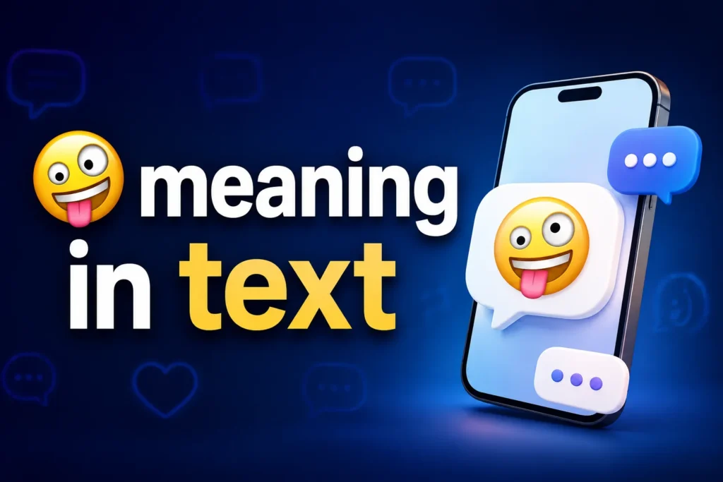🤪 meaning in text featured image with a playful crazy-face emoji, smartphone, and chat message bubbles on a modern blue background.